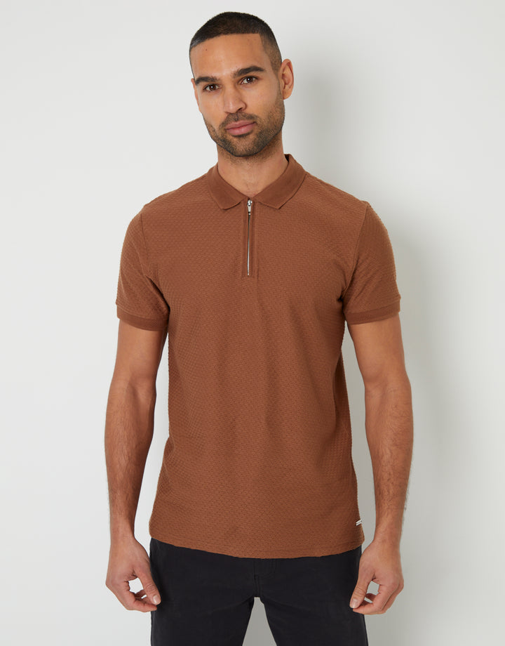Brown Textured Quarter Zip Polo Shirt