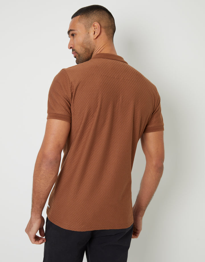 Brown Textured Quarter Zip Polo Shirt