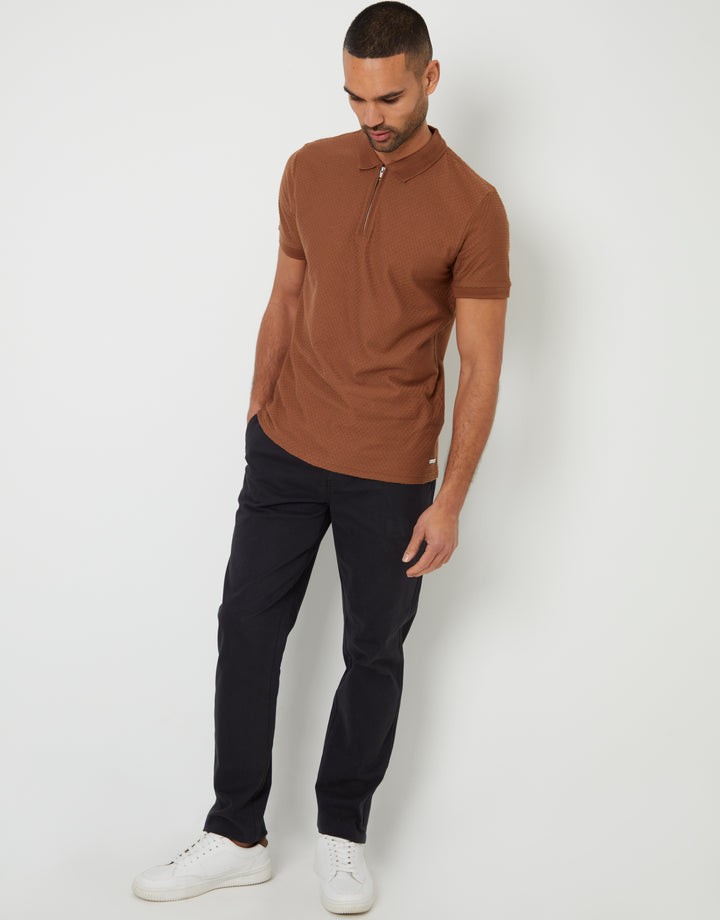 Brown Textured Quarter Zip Polo Shirt