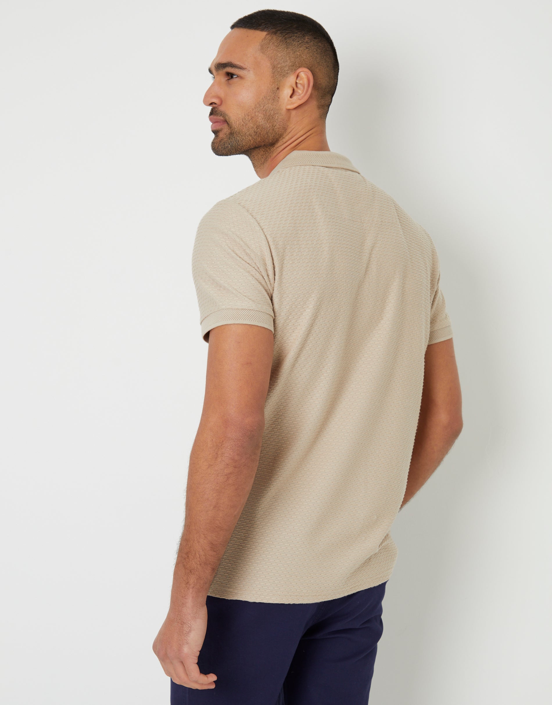 Threadbare Men's Stone Textured Quarter Zip Polo Shirt