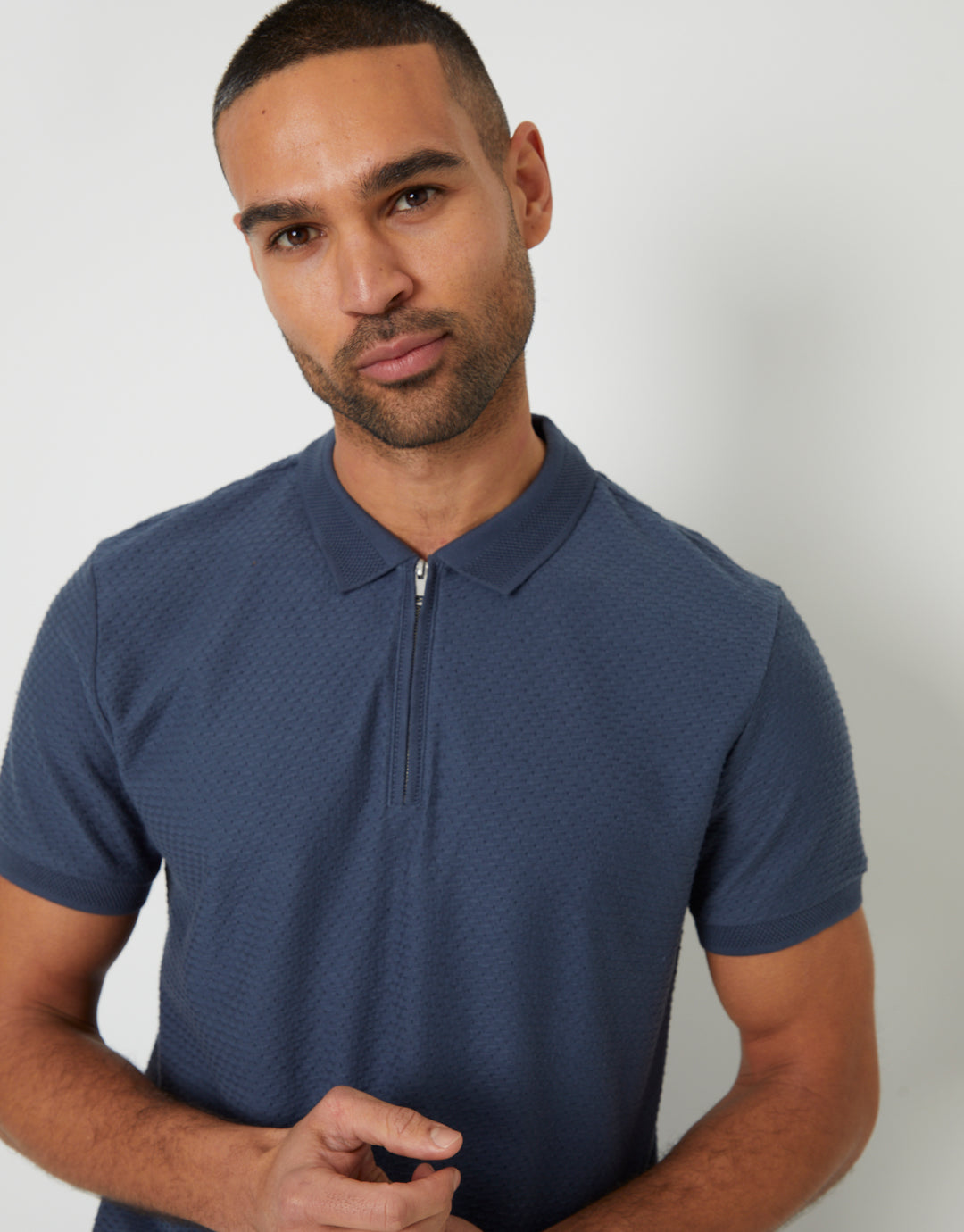 Denim Blue Textured Quarter Zip Polo Shirt