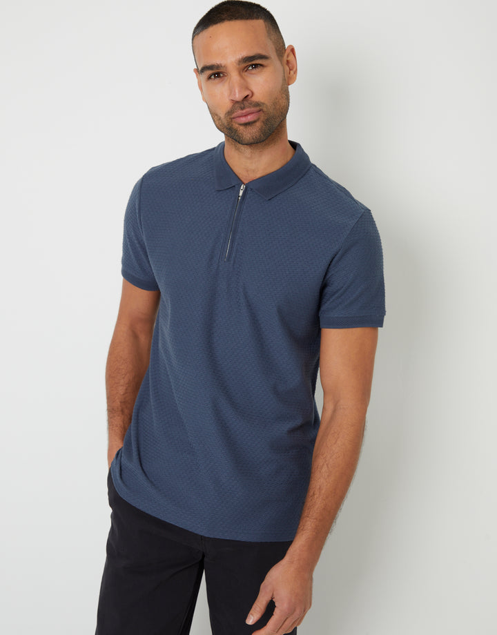Denim Blue Textured Quarter Zip Polo Shirt