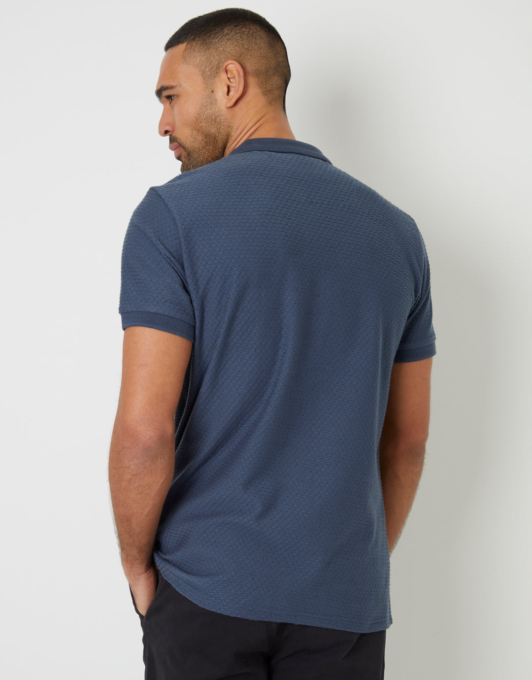Denim Blue Textured Quarter Zip Polo Shirt