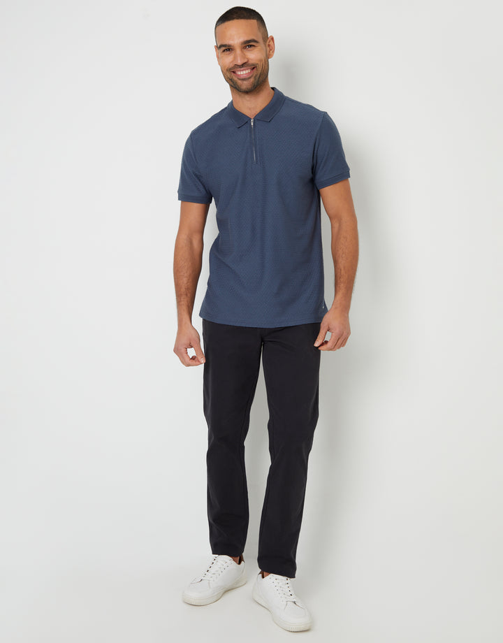 Denim Blue Textured Quarter Zip Polo Shirt