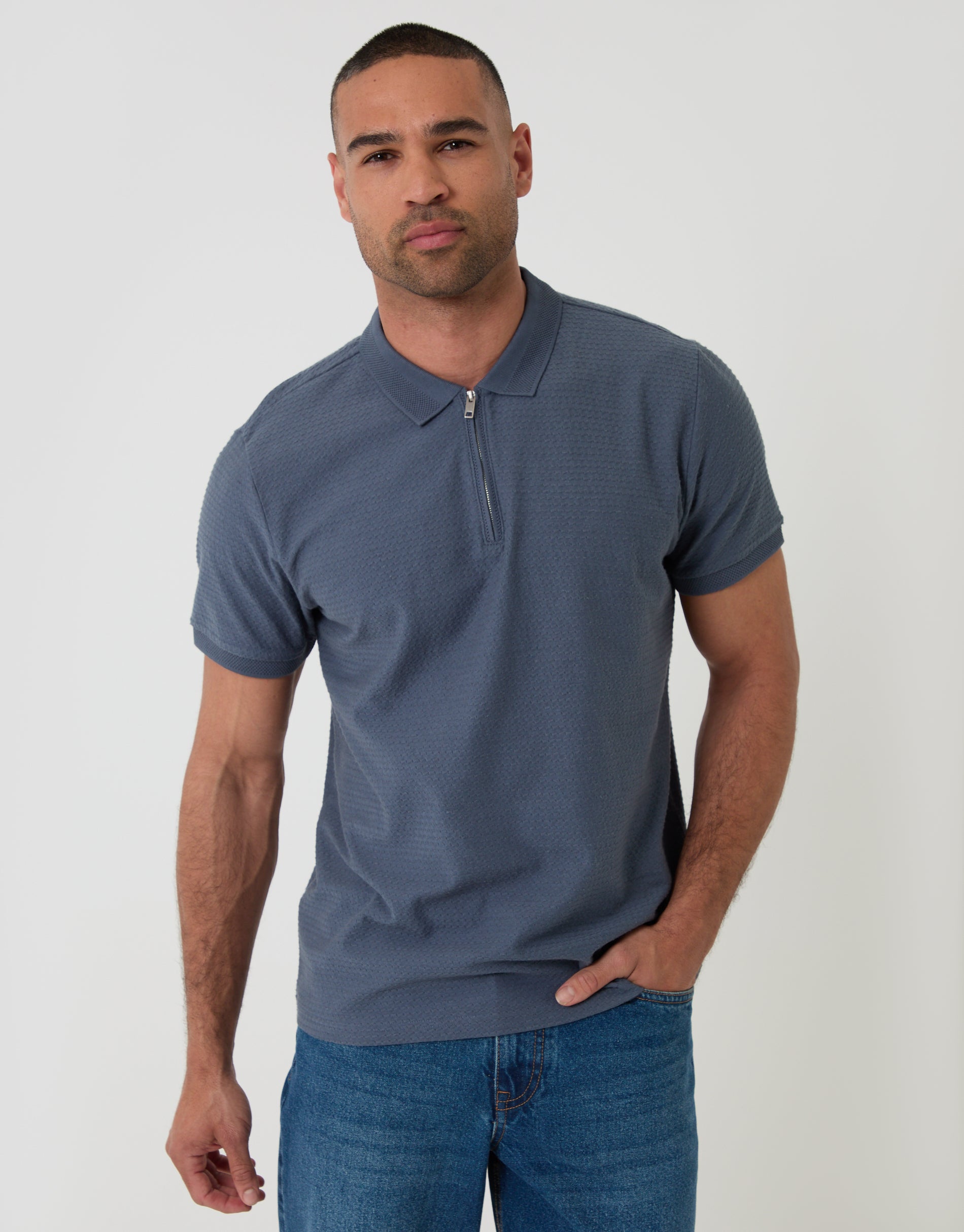 Threadbare Men's Denim Blue Textured Quarter Zip Polo Shirt