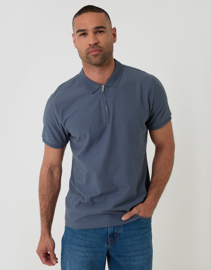 Threadbare Textured Quarter Zip Polo Shirt in Denim Blue  - Front View