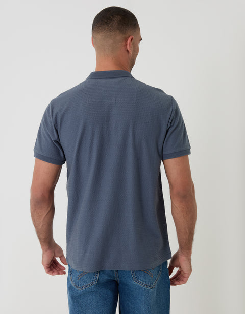 Threadbare Textured Quarter Zip Polo Shirt in Denim Blue  - Back View