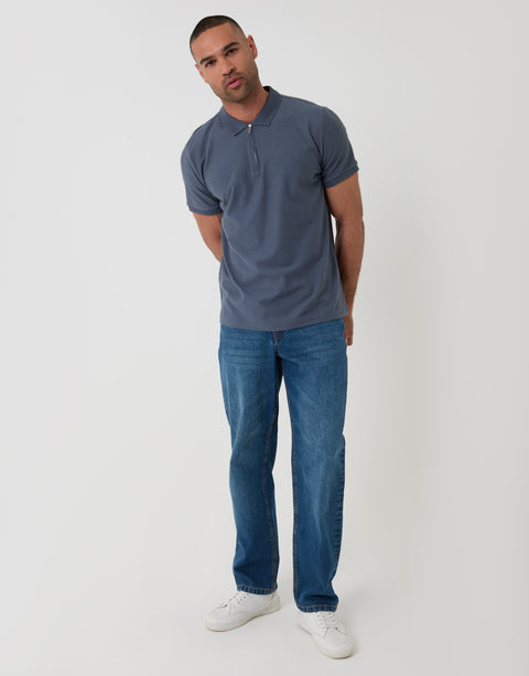 Threadbare Textured Quarter Zip Polo Shirt in Denim Blue  - Full View