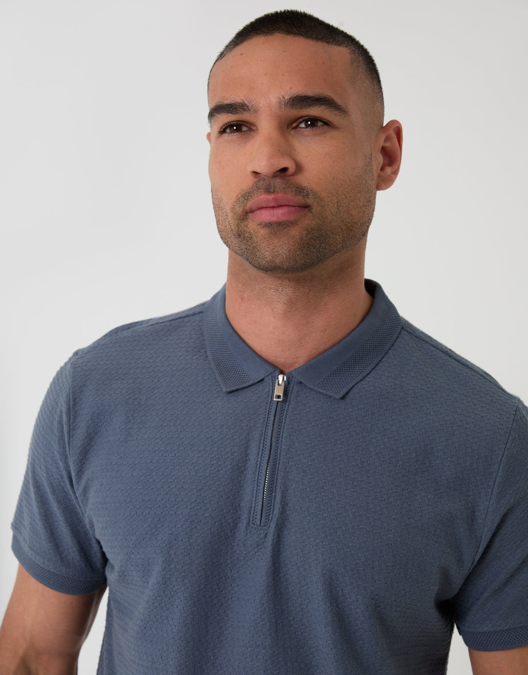 Threadbare Textured Quarter Zip Polo Shirt in Denim Blue  - Close View