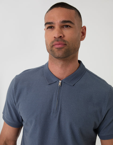 Threadbare Textured Quarter Zip Polo Shirt in Denim Blue  - Close View
