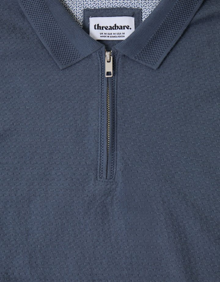 Denim Blue Textured Quarter Zip Polo Shirt