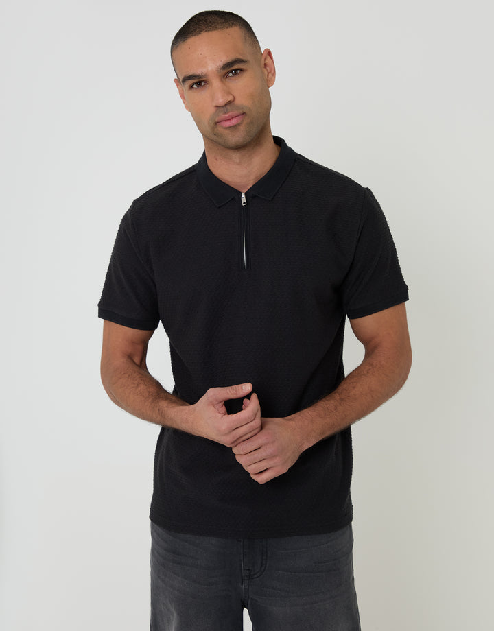 Threadbare Textured Quarter Zip Polo Shirt in Black - front view