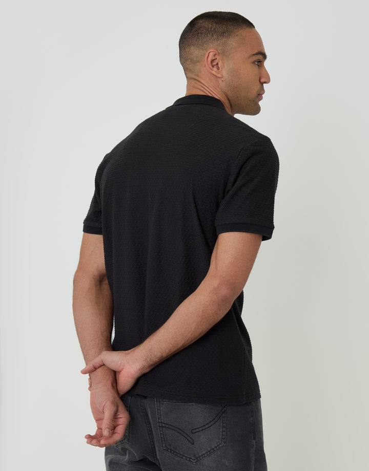 Threadbare Textured Quarter Zip Polo Shirt in Black - back view