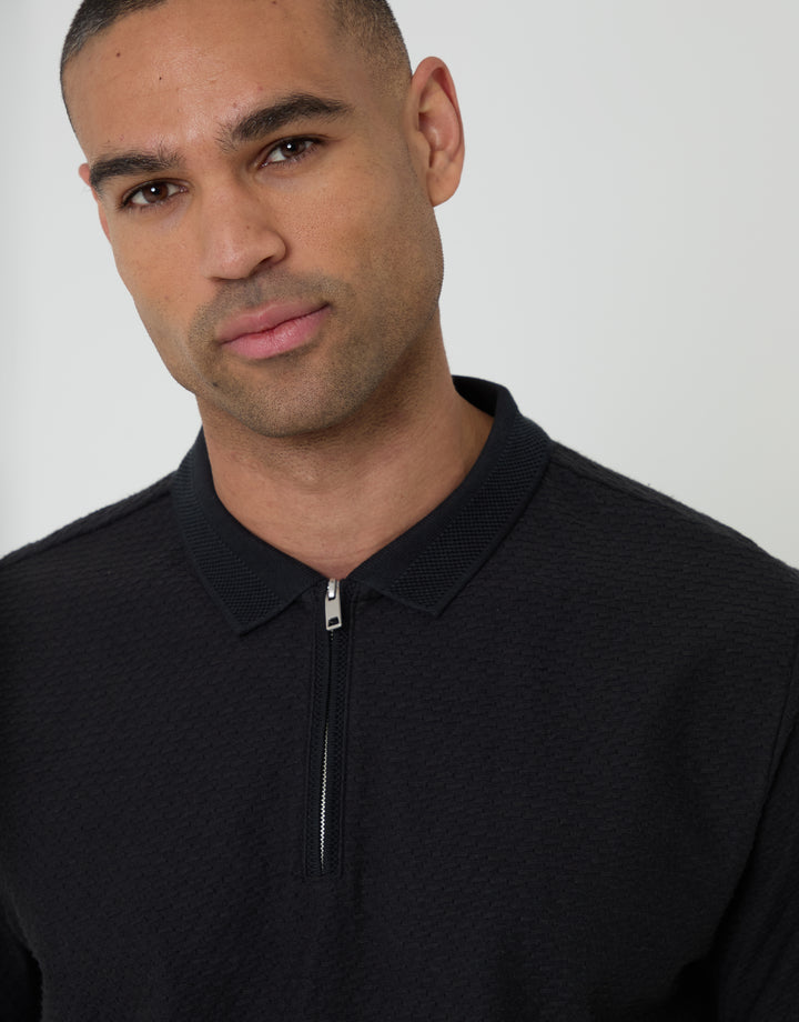 Threadbare Textured Quarter Zip Polo Shirt in Black - collar close up