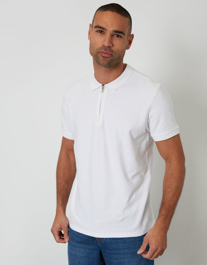Threadbare Textured Quarter Zip Polo Shirt in White - front view