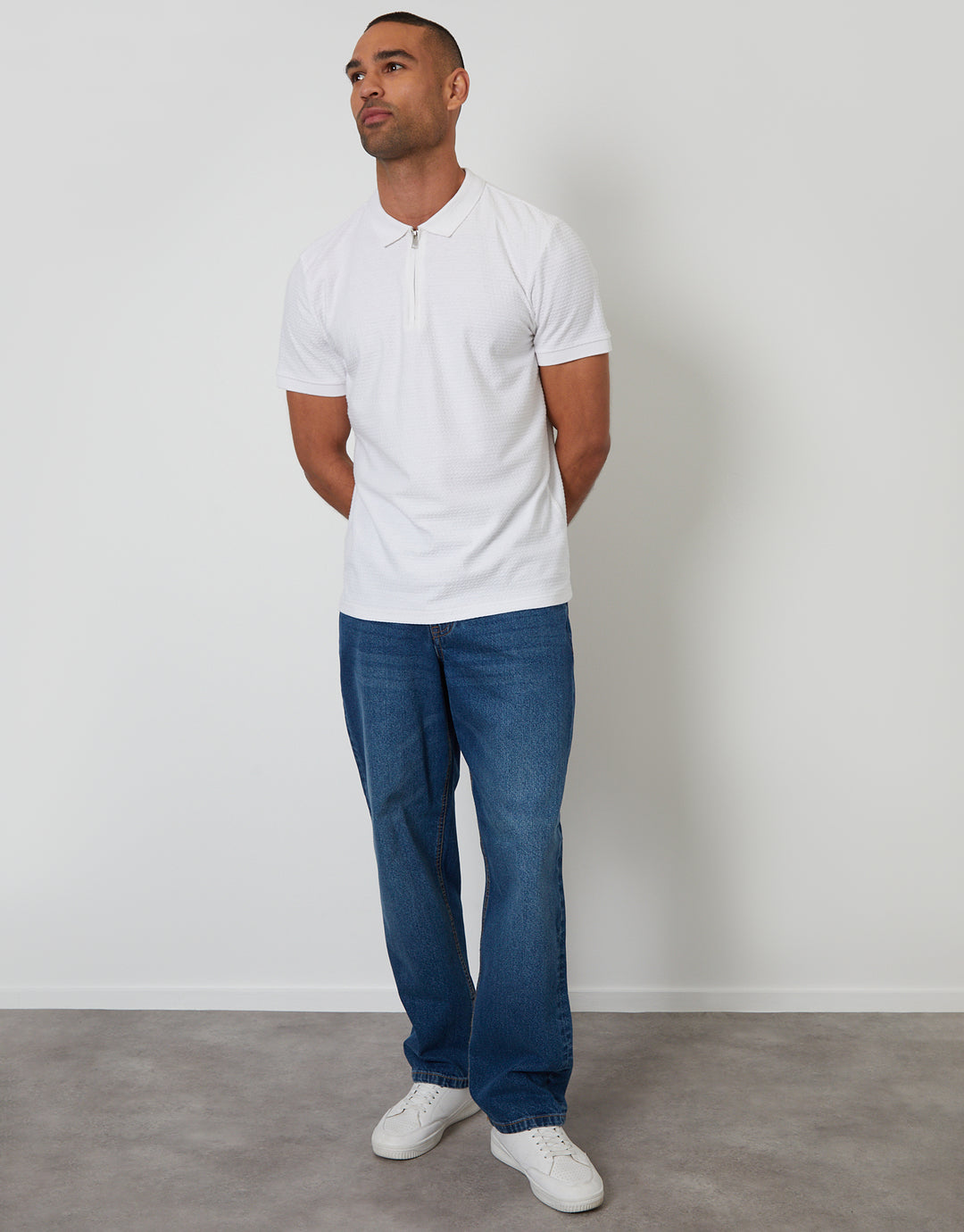Threadbare Textured Quarter Zip Polo Shirt in White - full body