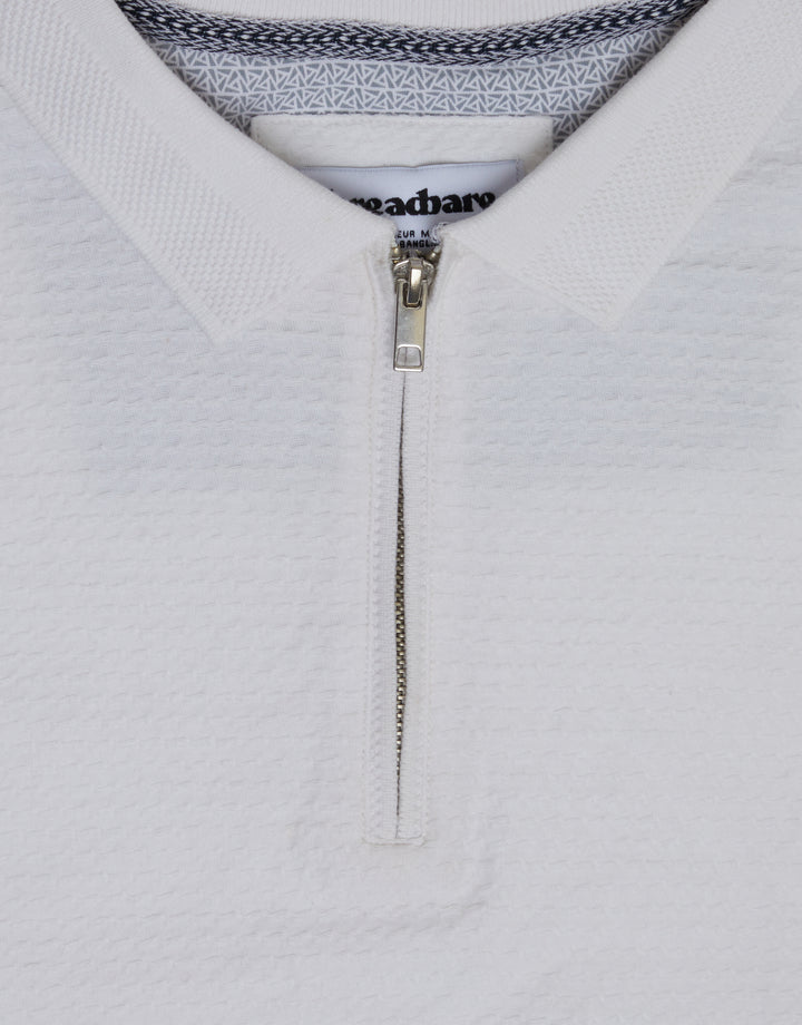 Threadbare Textured Quarter Zip Polo Shirt in White - collar close up
