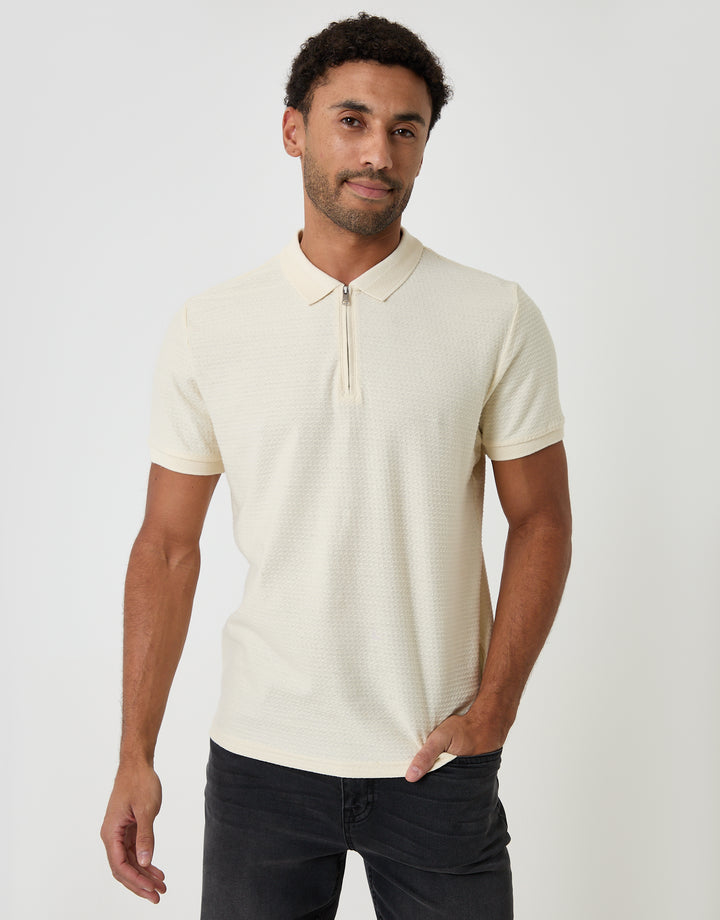 Threadbare Textured Quarter Zip Polo Shirt in Ecru - front view