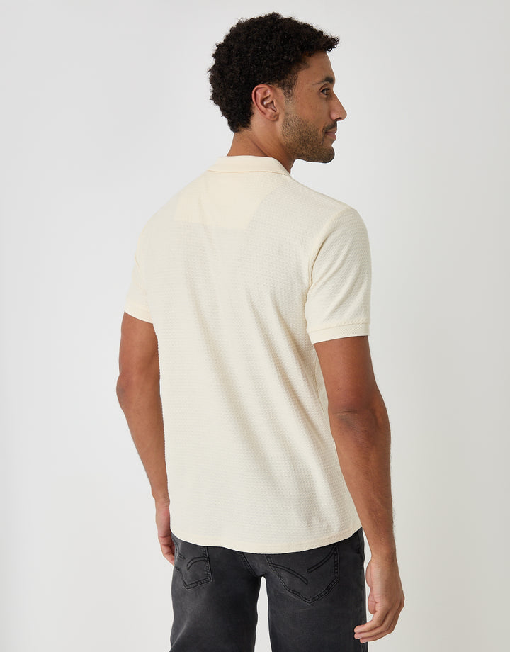 Threadbare Textured Quarter Zip Polo Shirt in Ecru - back view