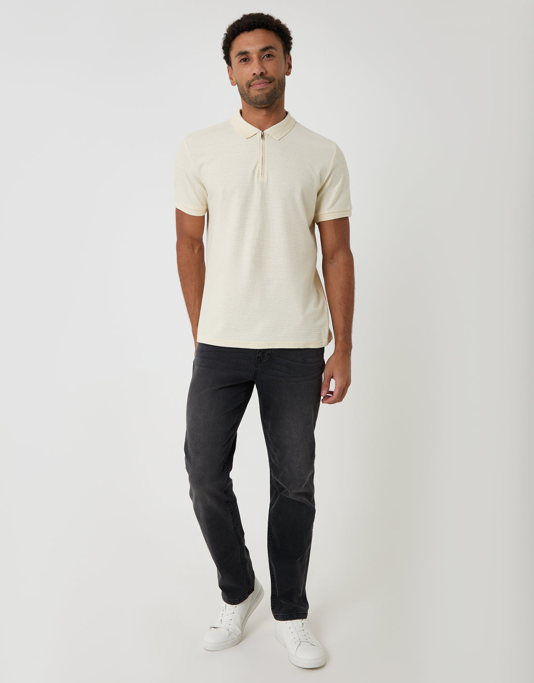 Threadbare Textured Quarter Zip Polo Shirt in Ecru - full body