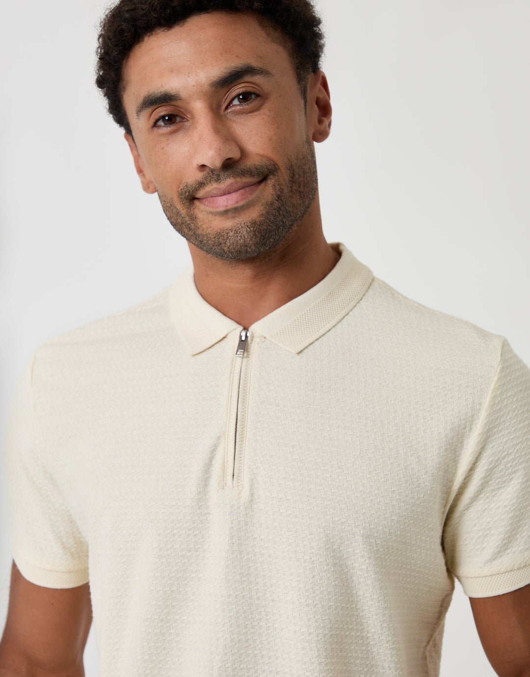 Threadbare Textured Quarter Zip Polo Shirt in Ecru - collar close up