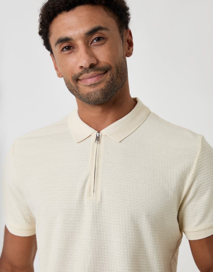 Threadbare Textured Quarter Zip Polo Shirt in Ecru - collar close up
