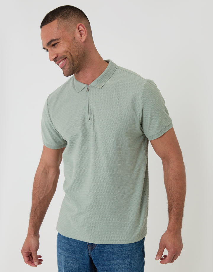 Threadbare Textured Quarter Zip Polo Shirt in Sage Green - Front View
