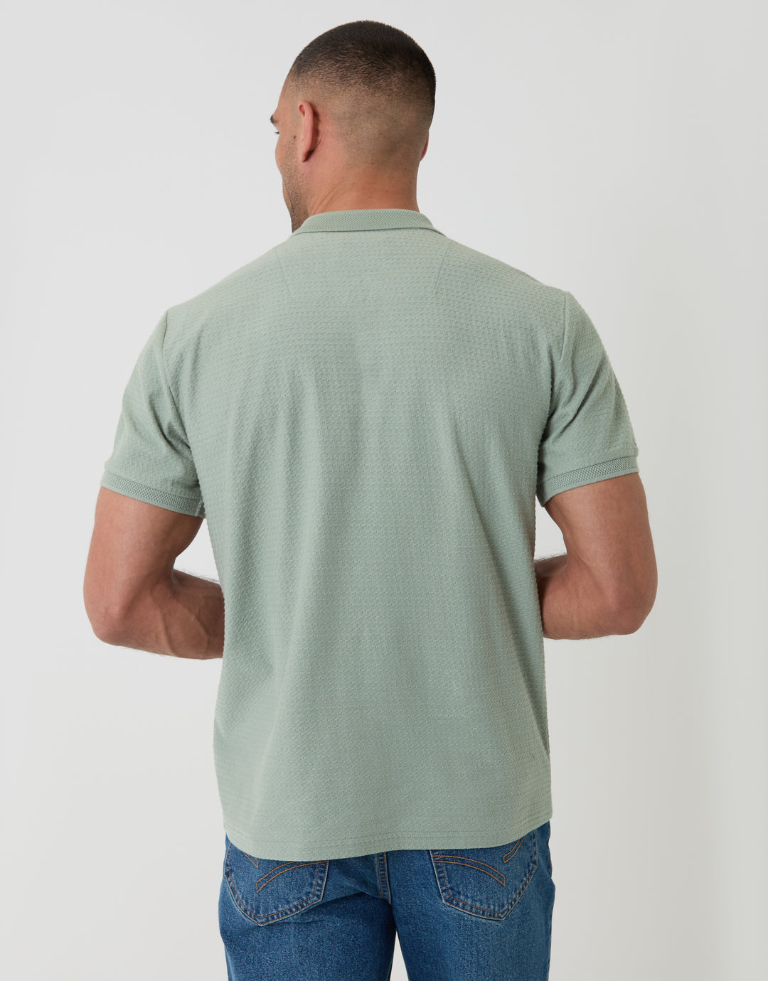Threadbare Textured Quarter Zip Polo Shirt in Sage Green - Back View