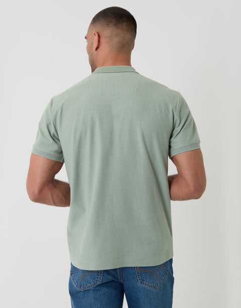 Threadbare Textured Quarter Zip Polo Shirt in Sage Green - Back View