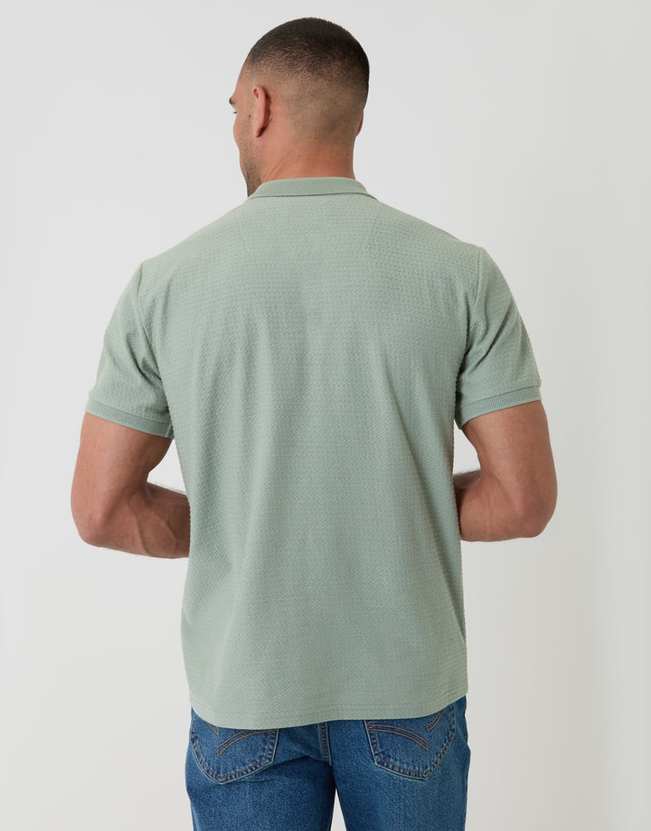 Threadbare Textured Quarter Zip Polo Shirt in Sage Green - Back View