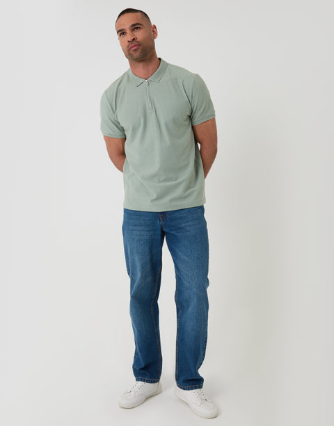 Threadbare Textured Quarter Zip Polo Shirt in Sage Green - Full View