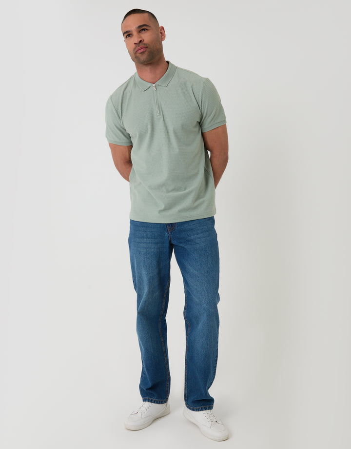 Threadbare Textured Quarter Zip Polo Shirt in Sage Green - Full View