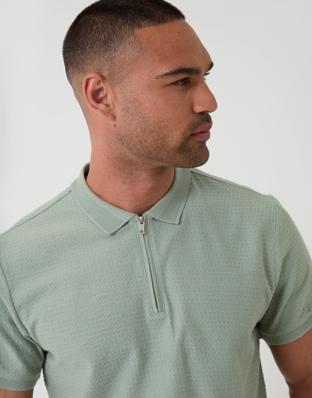Threadbare Textured Quarter Zip Polo Shirt in Sage Green - Close View