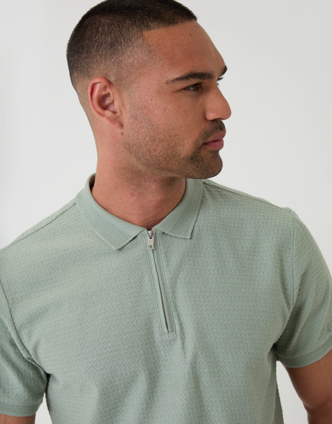 Threadbare Textured Quarter Zip Polo Shirt in Sage Green - Close View