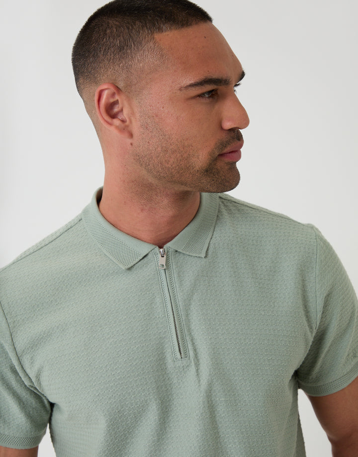 Threadbare Textured Quarter Zip Polo Shirt in Sage Green - Close View