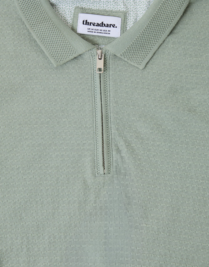 Textured Quarter Zip Polo Shirt in Sage Green
