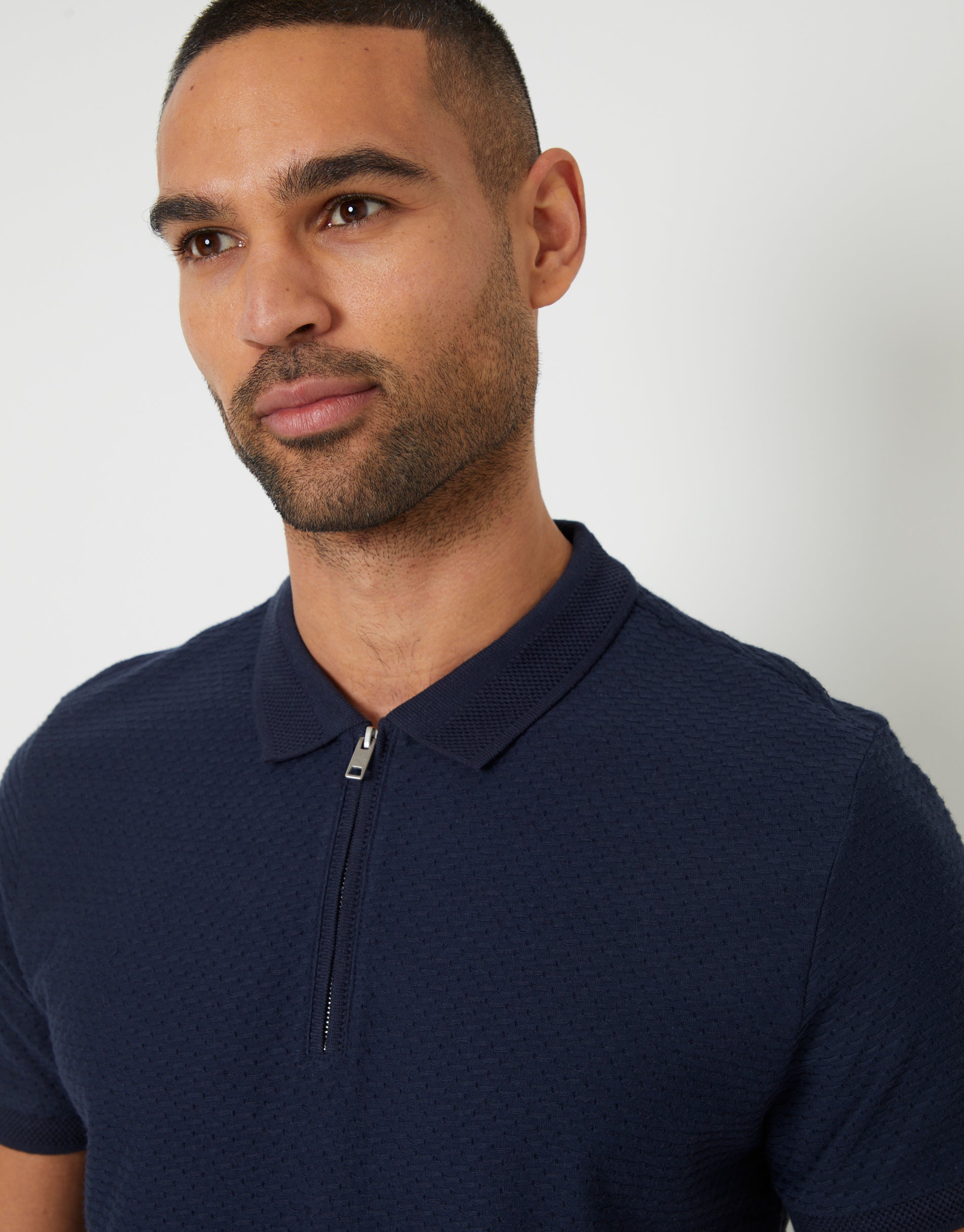 Threadbare Men's Navy Textured Quarter Zip Polo Shirt