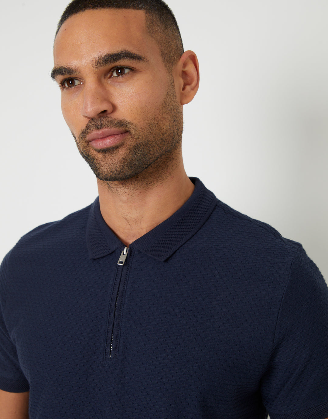 Navy Textured Quarter Zip Polo Shirt
