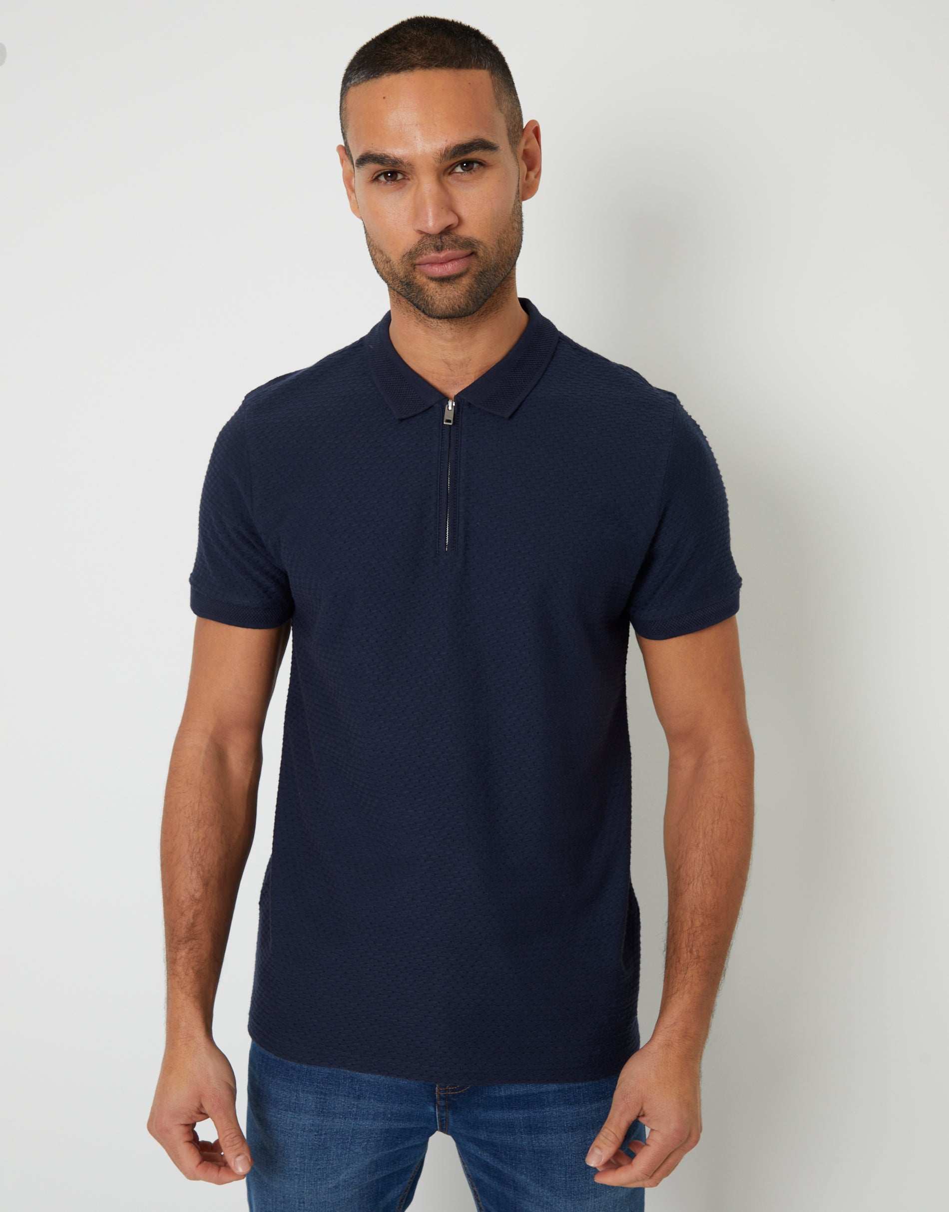 Threadbare Men's Navy Textured Quarter Zip Polo Shirt