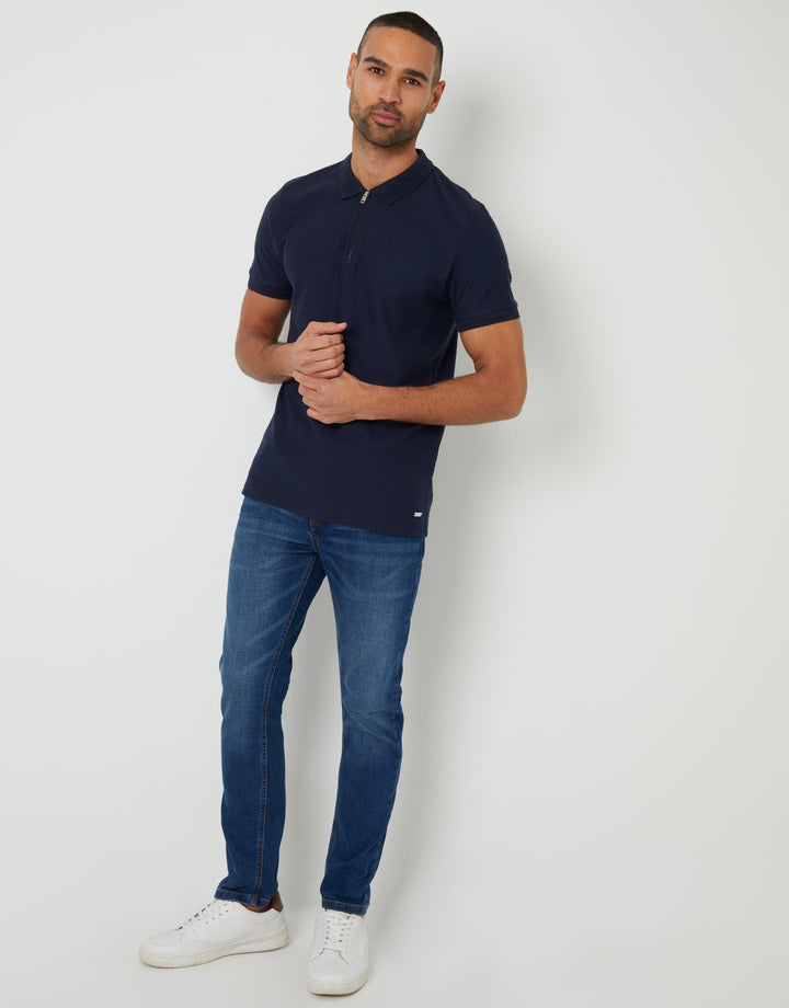 Navy Textured Quarter Zip Polo Shirt