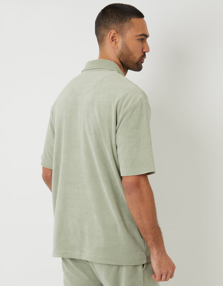 Towelling Revere Collar Polo Shirt in Sage Green