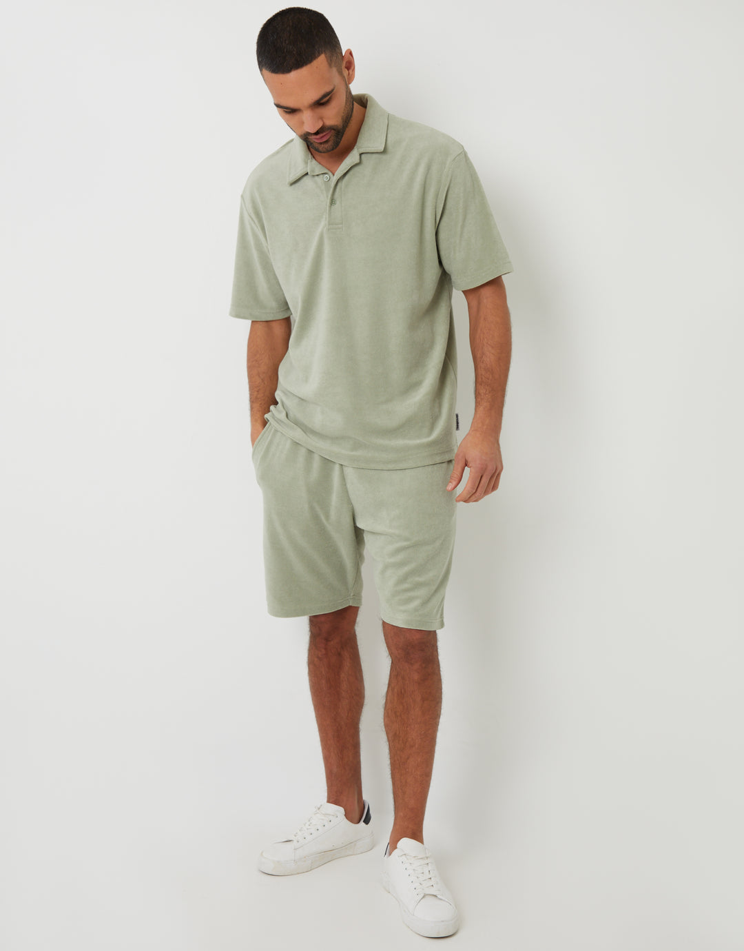 Towelling Revere Collar Polo Shirt in Sage Green