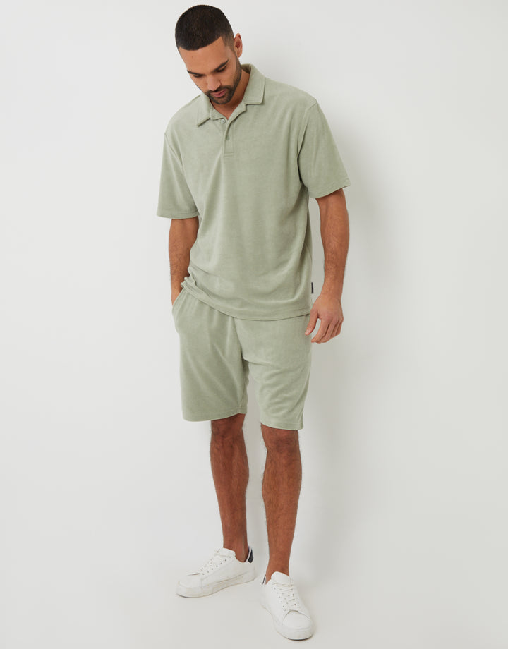 Towelling Revere Collar Polo Shirt in Sage Green