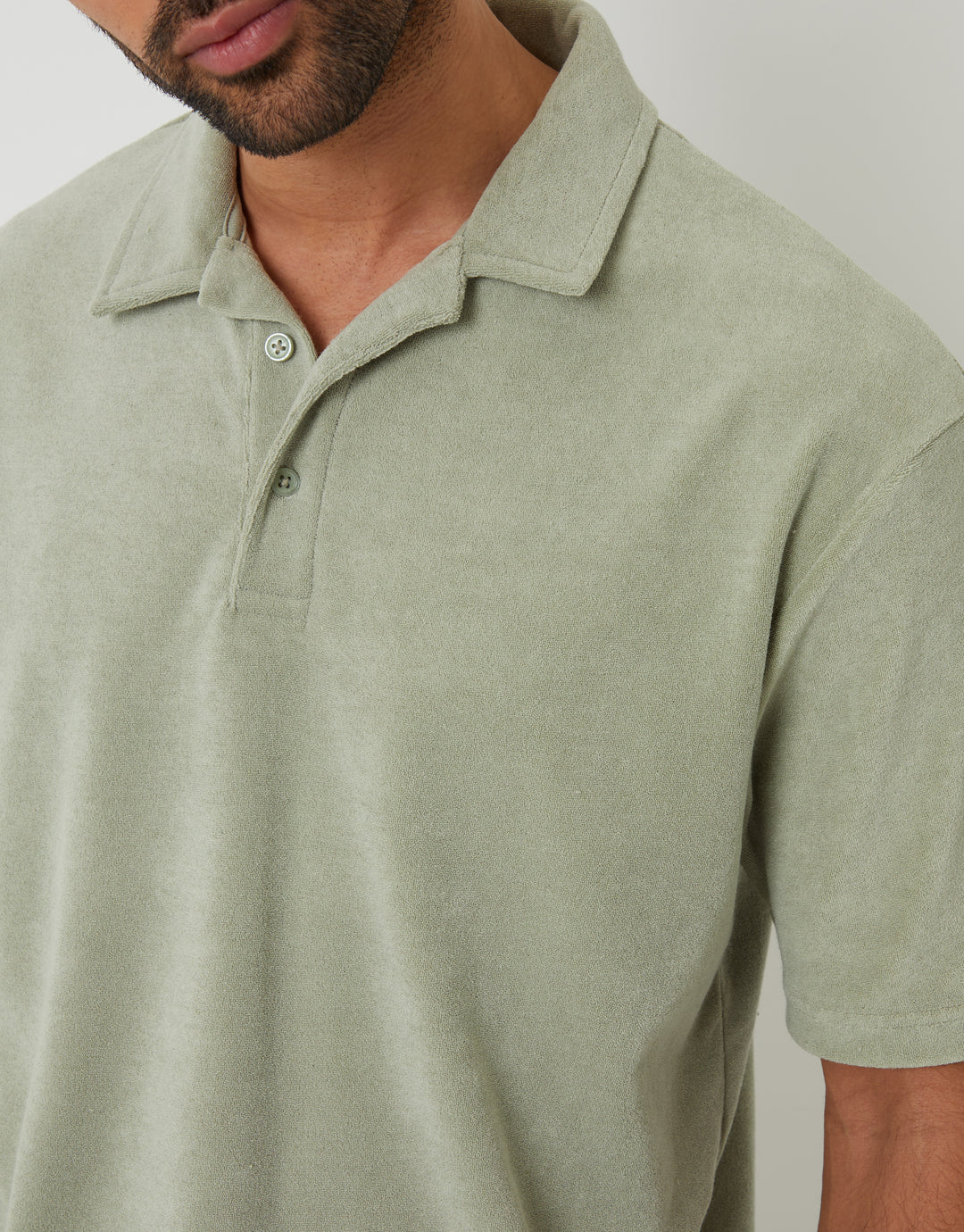 Towelling Revere Collar Polo Shirt in Sage Green