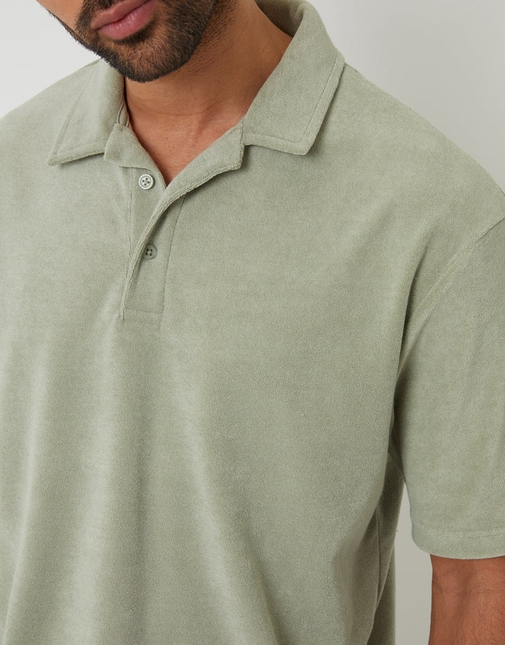 Towelling Revere Collar Polo Shirt in Sage Green