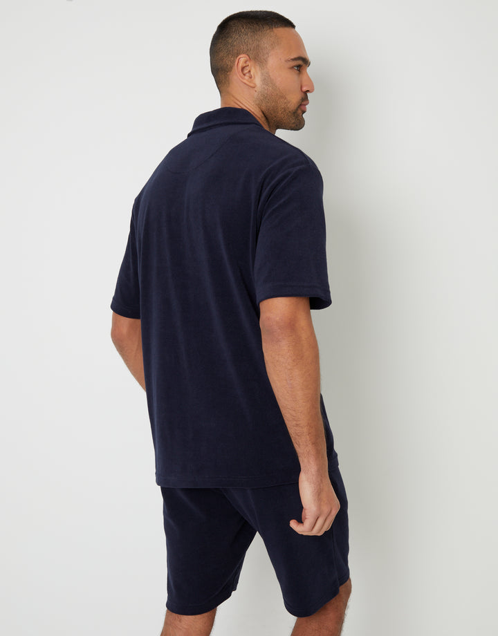 Towelling Revere Collar Polo Shirt in Navy