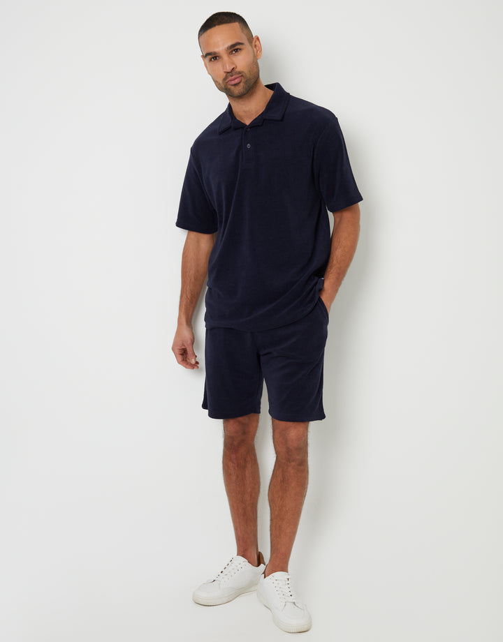 Towelling Revere Collar Polo Shirt in Navy