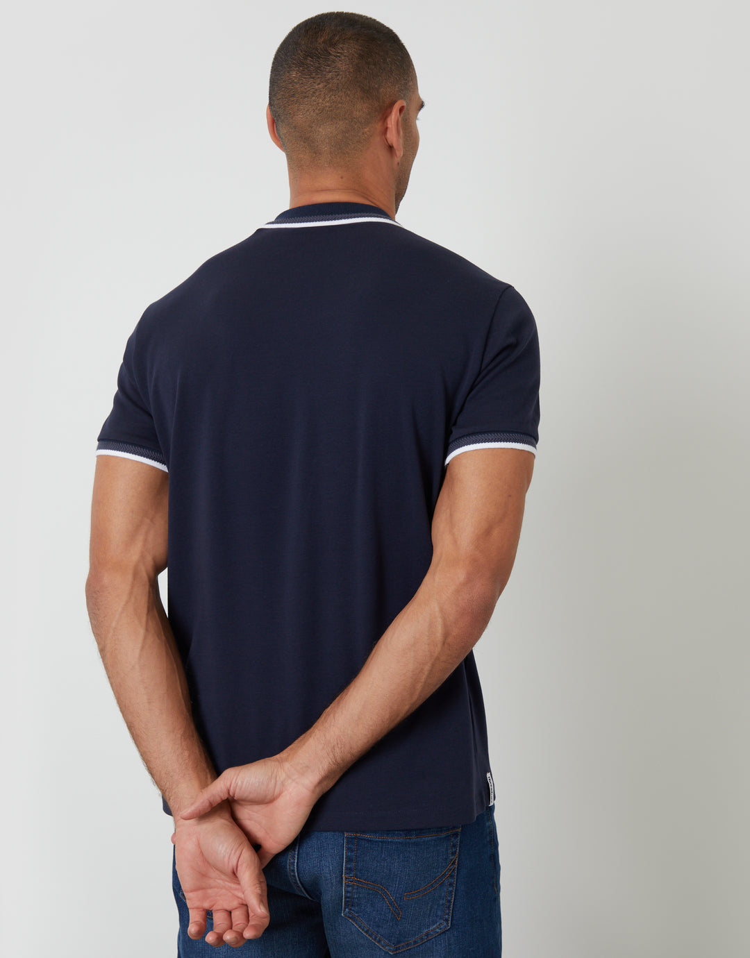 Threadbare Jetted Pocket Cotton Interlock Polo Shirt in Navy - back view