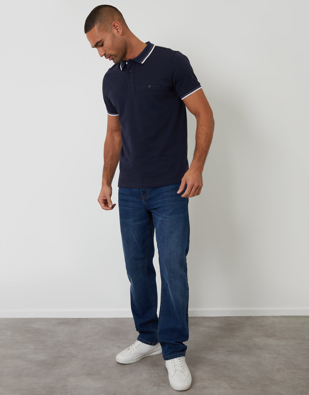 Threadbare Jetted Pocket Cotton Interlock Polo Shirt in Navy - full body