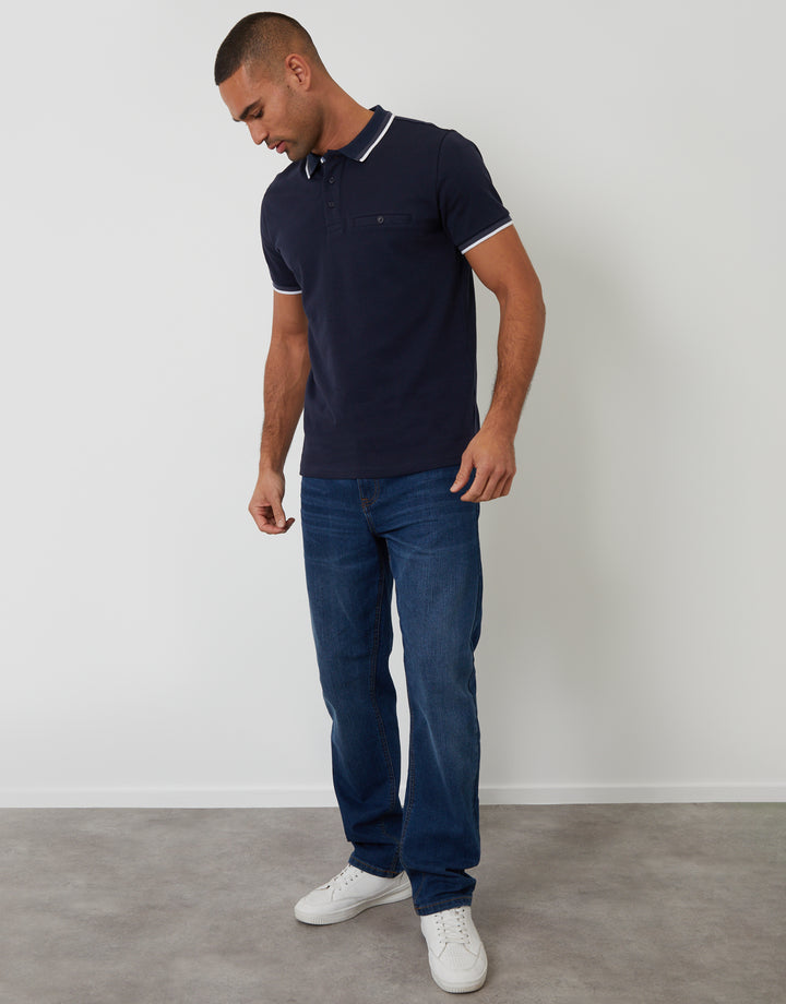 Threadbare Jetted Pocket Cotton Interlock Polo Shirt in Navy - full body